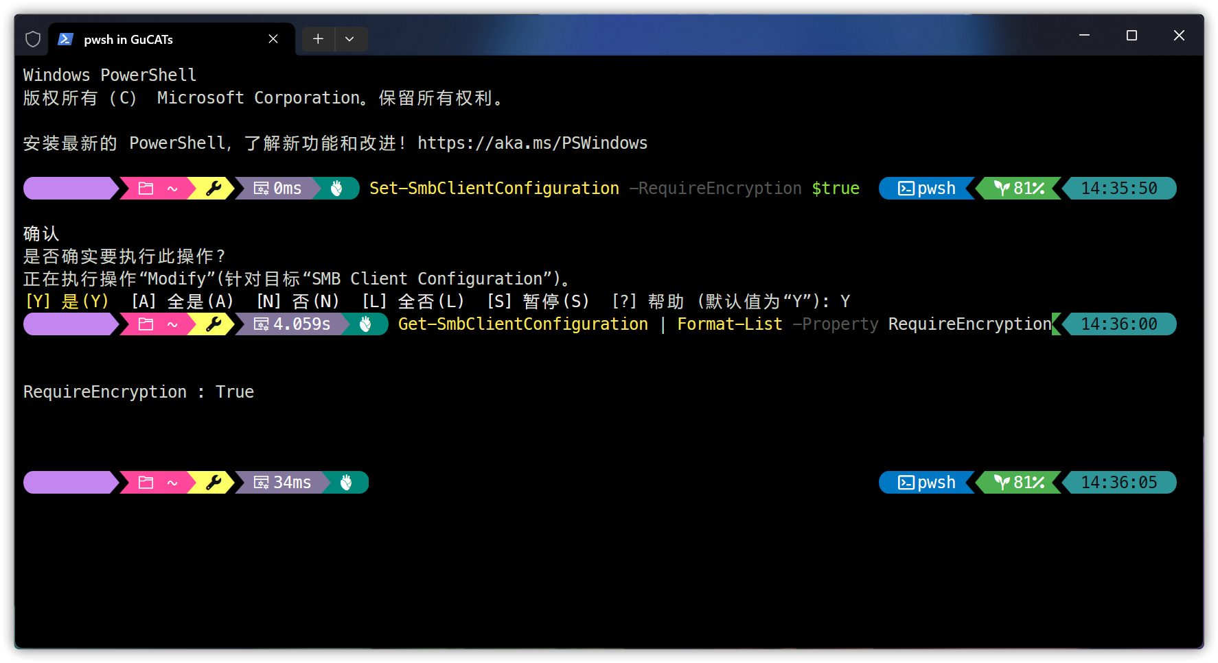 在 PowerShell 中开启 SMBv3 端到端加密