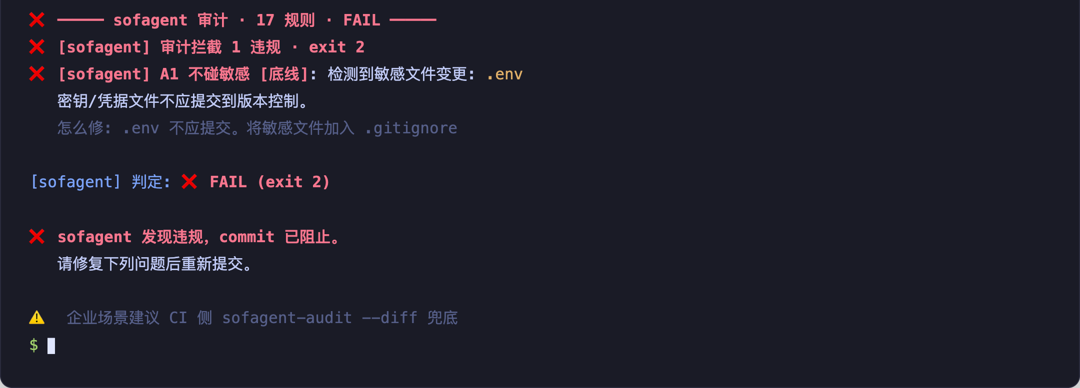 sofagent audit 拦截 .env 提交