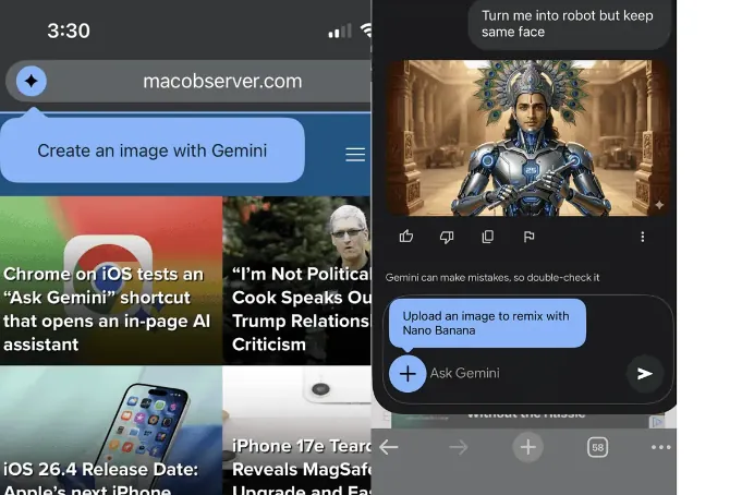 iPhone版Chrome测试Gemini图片重混功能：直接用照片或相机搞创作