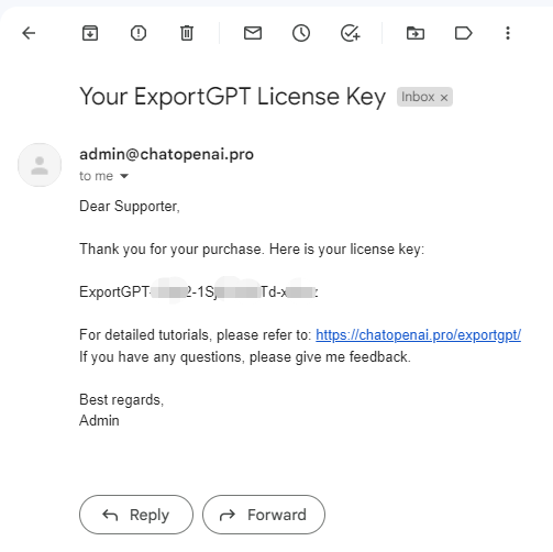 License Key email received